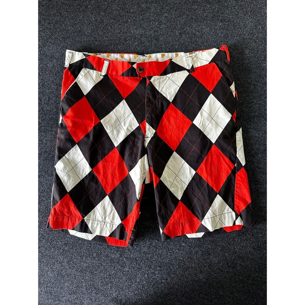 Loudmouth Golf Mens Argyle Shorts Red‎ Black White Size 38 Cotton Stretch